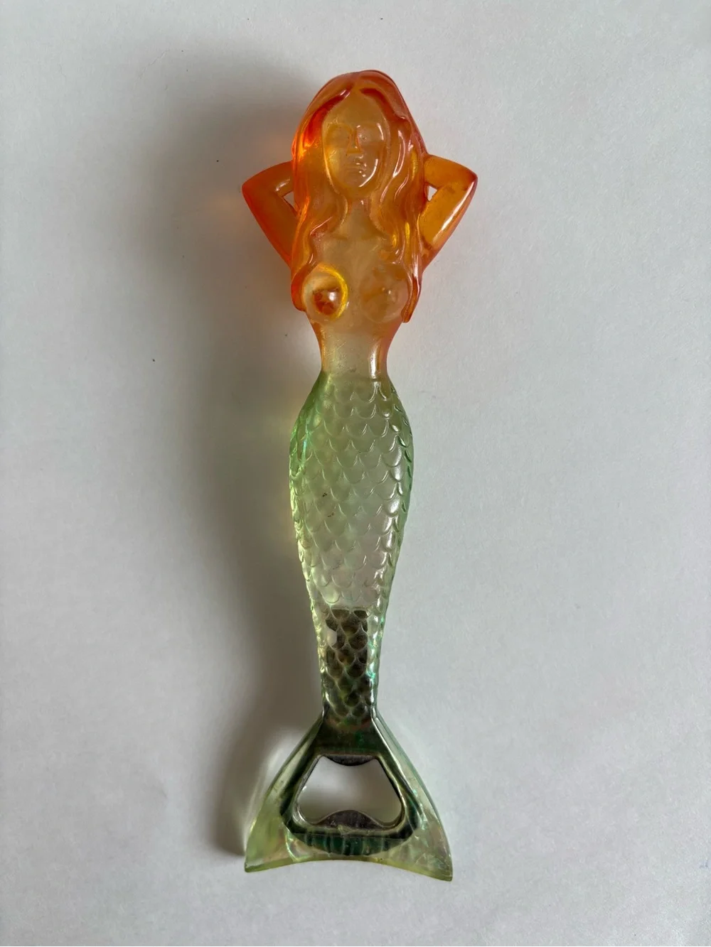 Curvy Mermaid Vintage Bottle Opener Green Orange Iridescent Lucite